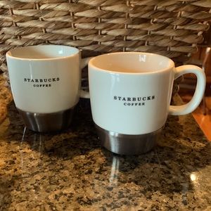 2 Starbucks Coffee Cup 10oz White Ceramic Stainless Steel Bottom Nonskid 2006
